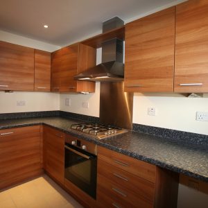 Interior of galley-style kitchen with integrated appliances __ selective focus on center
