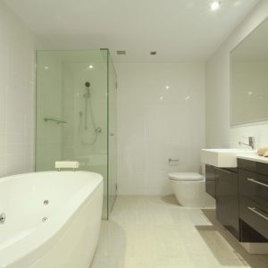 Stylish twin bathroom with two sinks, mirror, shower, toilet and round bathtub.